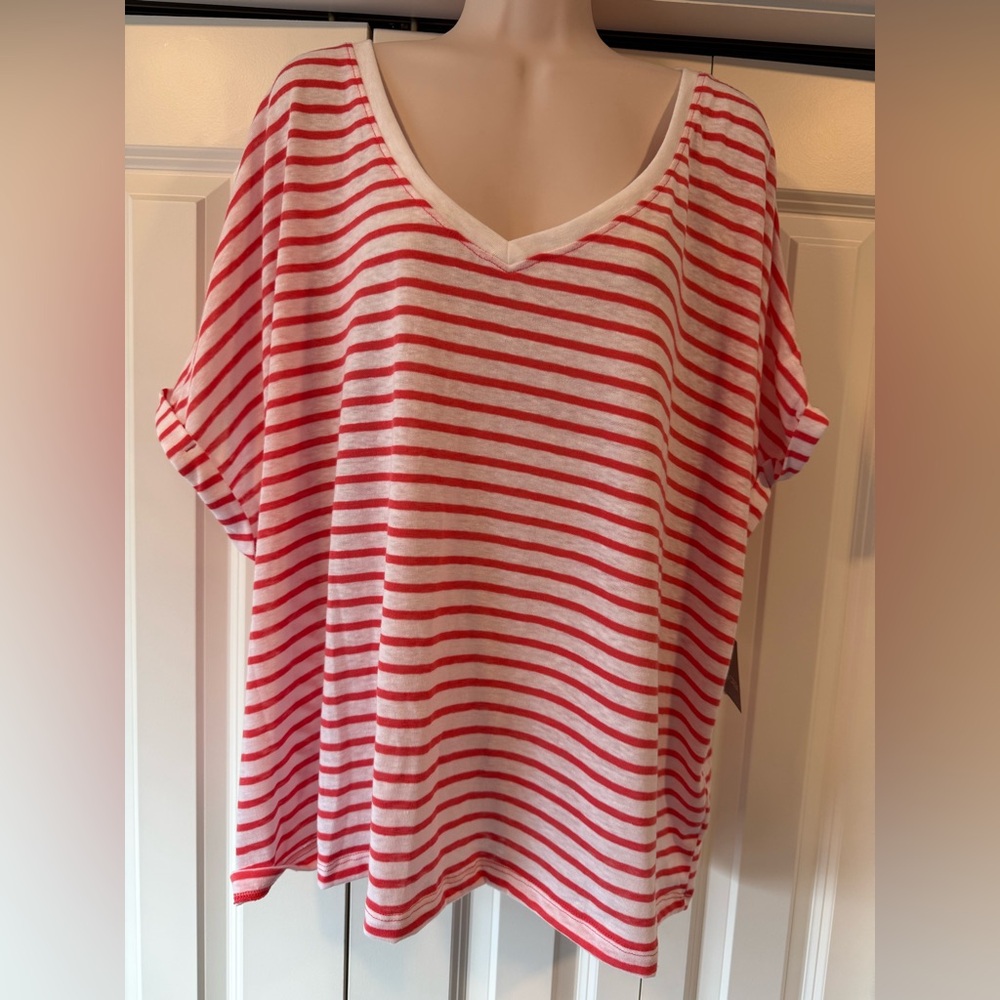 Falls Creek stripe v neck roll sleeve top tee shirt 3X new